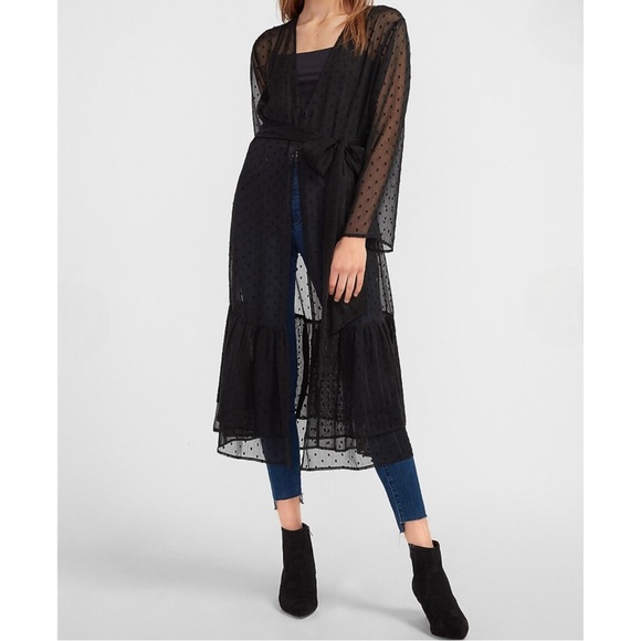 Express Swiss Dot Sheer Shimmery Ruffle Hem Long Sleeve Layering Duster Kimono - Picture 2 of 14